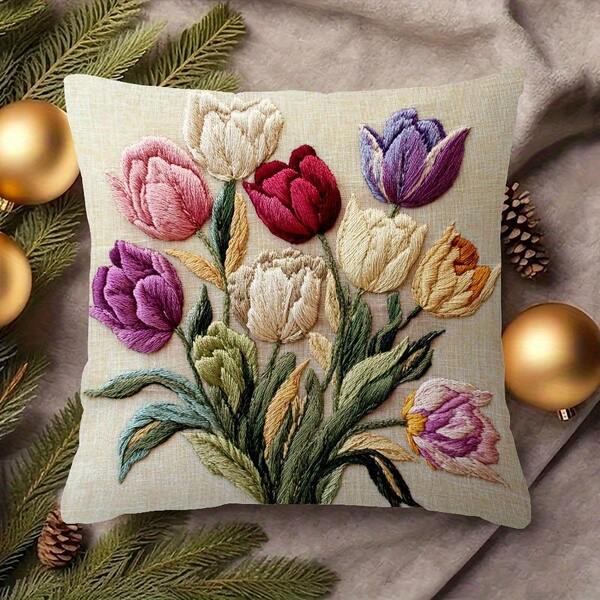 1pc Vintage Tulip Floral Decorative Throw Pillow Case, 2D Embroidery-Like Print Cushion Cover, 18x18 Inch, Machine Washable Soft Polyester, For Living Room Sofa Home Decor, Porch Swing Cushion, Pillow Insert Not Included