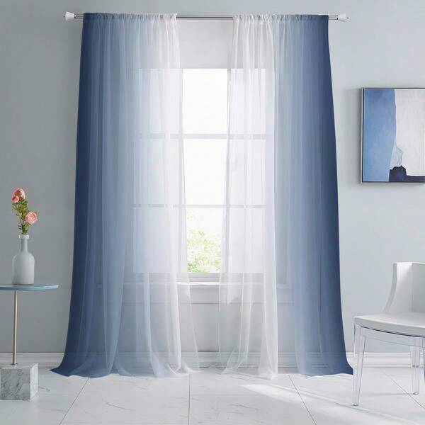 2pcs Blue And White Gradient Semi-Transparent Curtains, Modern Minimalist Style, Suitable For Living Room, Bedroom And Dining Room, Rod Hanging