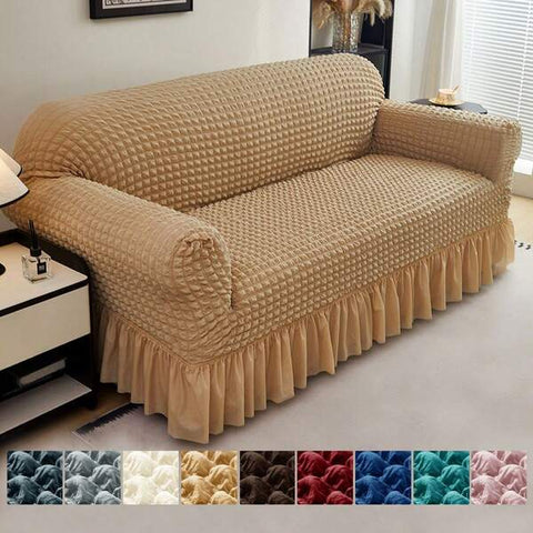 XM-Mirelitho 1pc Pet Friendly Bubble Waffle Stretch Sofa Slipcover With Ruffle Skirt Anti-Slip Full Wrap Couch Cover Machine Washable Universal Furniture Protector For 1/2/3/4 Seater Old Sofa Living Room Makeover