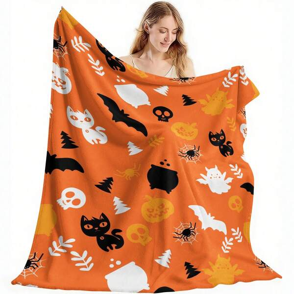 1pc Comfortable Flannel Blanket - Halloween Theme Solid Orange Background With Spider Web, Bat, Cat, Skull, Pumpkin Lantern Modern Cute Minimalist Digital Print Pattern - Perfect For Living Room And Camping - Ideal Gift For Family