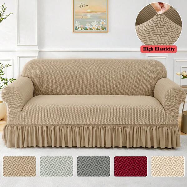 XM-Mirelitho 1pc Pet Friendly Herringbone Stretch Sofa Slipcover With Ruffle Skirt Highly Elastic Anti-Scratch Anti-Slip Full Wrap Couch Cover Machine Washable Universal Furniture Protector For 1/2/3/4 Seater Old Sofa Living Room Makeover